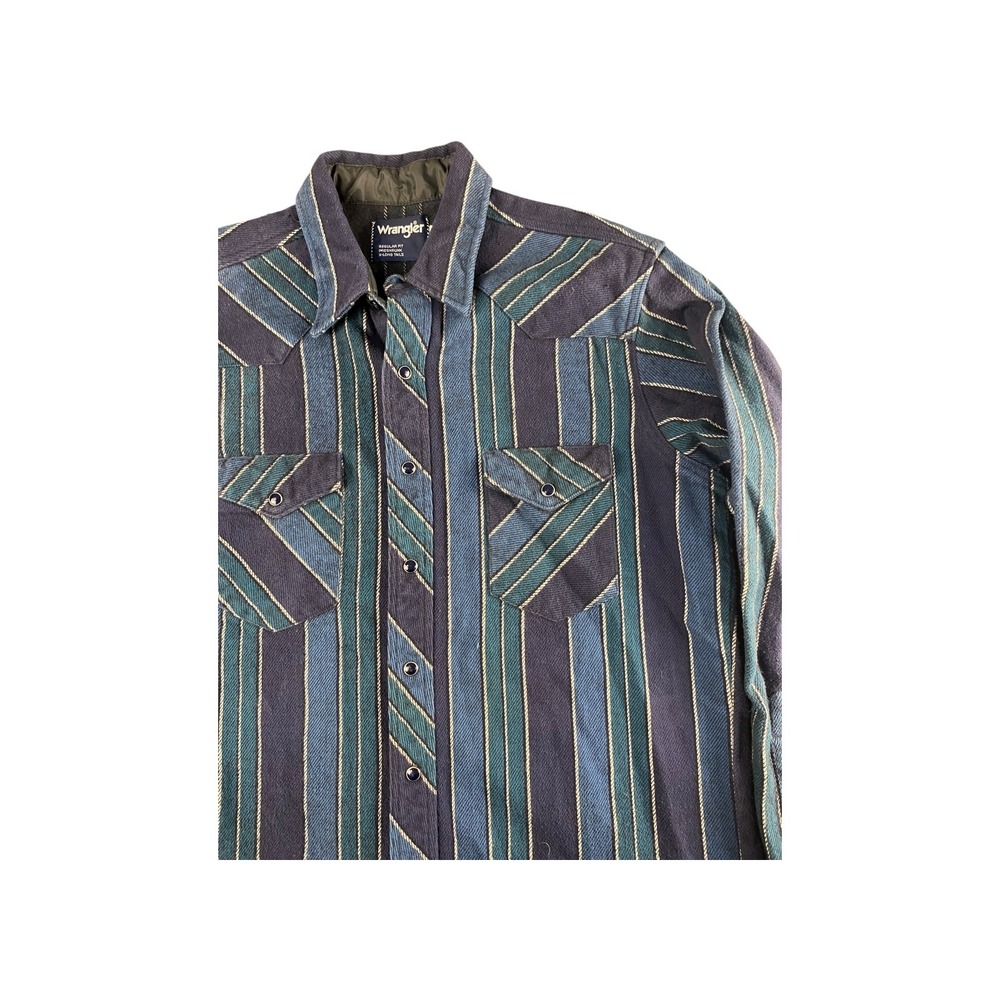 Wrangler Western Shirt Mens Blue Green Stripe Button Up Regular Fit X-Long Tails